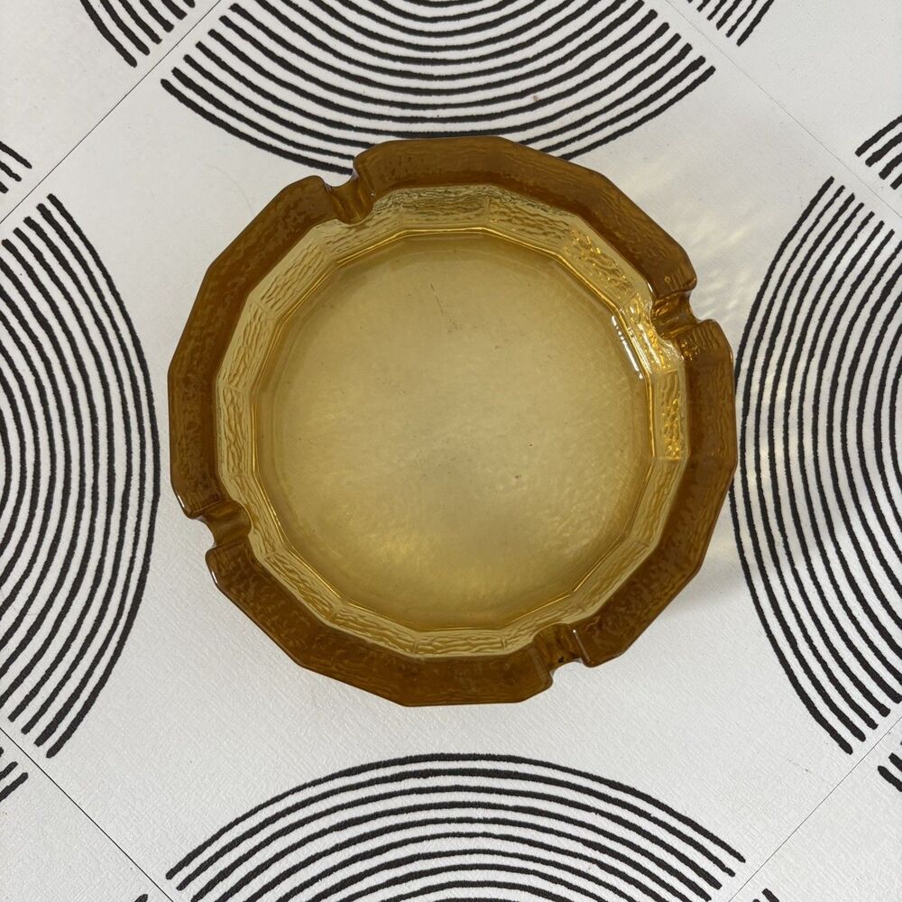 Vintage MCM 60s 70s Paneled Amber Blenko Pebbled Art Glass Ashtray